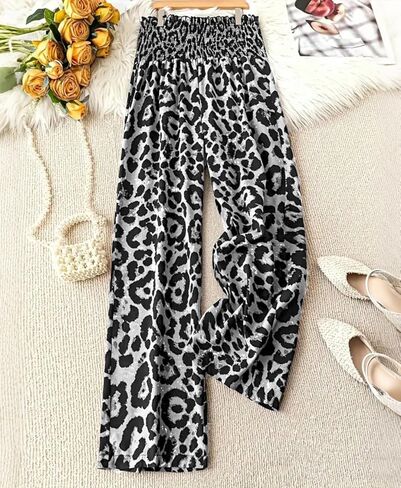 Women's Leopard Pants High Waisted Elastic Waist Wide Leg Lounge Palazzo Trousers Cheetah Print Pajamas in Saudi Arabia