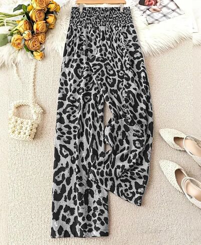 Women's Leopard Pants High Waisted Elastic Waist Wide Leg Lounge Palazzo Trousers Cheetah Print Pajamas in Saudi Arabia