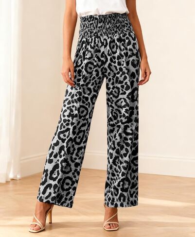 Women's Leopard Pants High Waisted Elastic Waist Wide Leg Lounge Palazzo Trousers Cheetah Print Pajamas in Saudi Arabia
