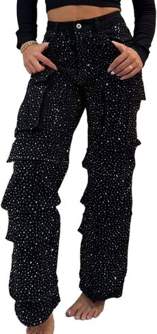 Womens Rhinestone Cargo Jeans Baggy High Waist Straight Wide Leg Pearl Boyfried Denim Pants Sparkly Bling Glitter Trousers in Saudi Arabia