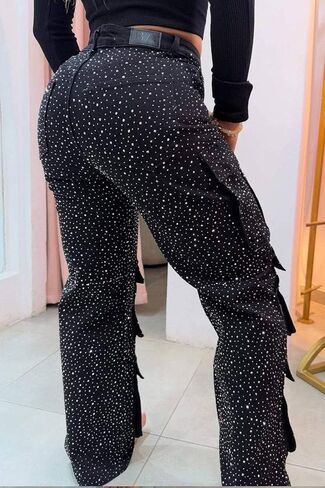 Womens Rhinestone Cargo Jeans Baggy High Waist Straight Wide Leg Pearl Boyfried Denim Pants Sparkly Bling Glitter Trousers in Saudi Arabia