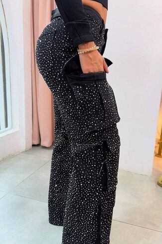 Womens Rhinestone Cargo Jeans Baggy High Waist Straight Wide Leg Pearl Boyfried Denim Pants Sparkly Bling Glitter Trousers in Saudi Arabia