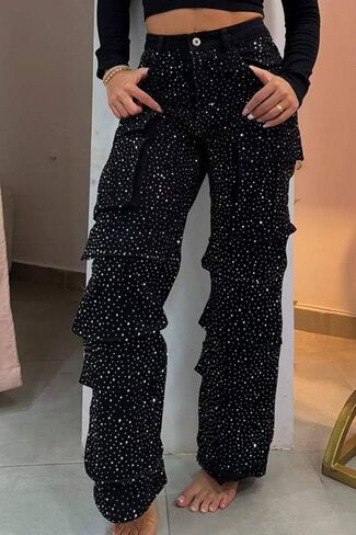 Womens Rhinestone Cargo Jeans Baggy High Waist Straight Wide Leg Pearl Boyfried Denim Pants Sparkly Bling Glitter Trousers in Saudi Arabia