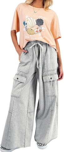 loveimgs Women 2025 Baggy High Waisted Wide Leg Cargo Pants Pockets Y2k Utility Pants Palazzo Sweatpants Slacks Trousers in Saudi Arabia