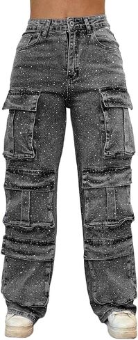 Womens Rhinestone Cargo Jeans Baggy High Waist Straight Wide Leg Pearl Boyfried Denim Pants Sparkly Bling Glitter Trousers in Saudi Arabia