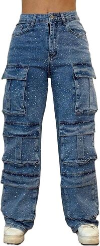 Womens Rhinestone Cargo Jeans Baggy High Waist Straight Wide Leg Pearl Boyfried Denim Pants Sparkly Bling Glitter Trousers in Saudi Arabia