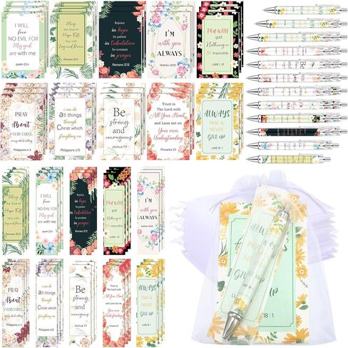 Yeaqee 200 Pcs Christian Gifts Set Include 50 Bible Verses Bookmarks Book Markers 50 Ballpoint Pens 50 Bible Notebooks 50 Organza Bags Christian Mother's Day Bulk Gifts for Church Women in Kuwait
