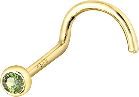 Solid 14K Gold Nose Screw Stud Bezel Set Peridot 22G Cork-screw Nose Stud - 14K White Gold / 14K Yellow Gold August Birthstone Nose Ring Stud in Saudi Arabia
