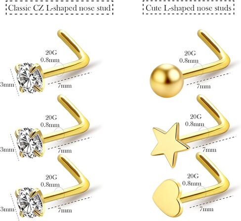 Hypoallergenic 316L Surgical Steel Nose Studs 20G Nose Rings Studs 14K Gold Filled/Silver L Shaped Nose Stud CZ/Heart/Star/Ball Nose Nostrial Piercing Jewelry for Women in Saudi Arabia