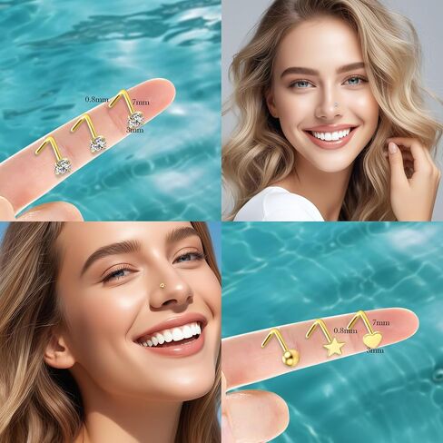 Hypoallergenic 316L Surgical Steel Nose Studs 20G Nose Rings Studs 14K Gold Filled/Silver L Shaped Nose Stud CZ/Heart/Star/Ball Nose Nostrial Piercing Jewelry for Women in Saudi Arabia