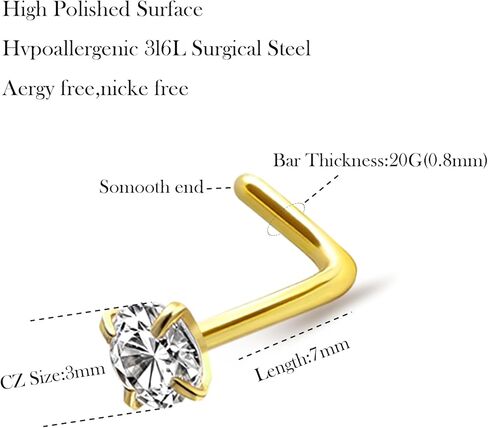 Hypoallergenic 316L Surgical Steel Nose Studs 20G Nose Rings Studs 14K Gold Filled/Silver L Shaped Nose Stud CZ/Heart/Star/Ball Nose Nostrial Piercing Jewelry for Women in Saudi Arabia