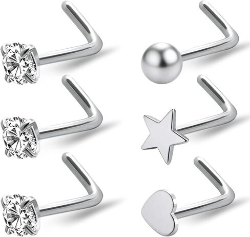 Hypoallergenic 316L Surgical Steel Nose Studs 20G Nose Rings Studs 14K Gold Filled/Silver L Shaped Nose Stud CZ/Heart/Star/Ball Nose Nostrial Piercing Jewelry for Women in Saudi Arabia