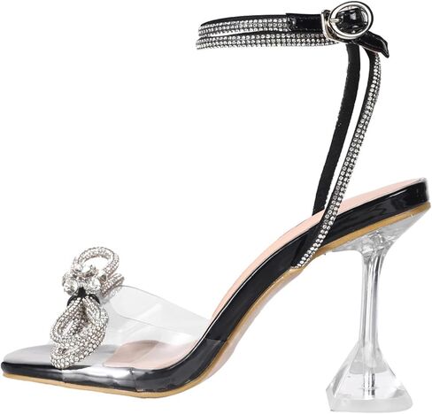 Aflngle Womens Rhinestones Bow Heels Sandals Sexy Clear Crystal Slingback Adjustable Ankle Strap Stilettos Square Open Toe Wedding Dress Pumps Shoes in Saudi Arabia