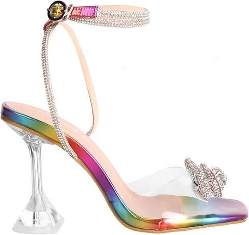 Aflngle Womens Rhinestones Bow Heels Sandals Sexy Clear Crystal Slingback Adjustable Ankle Strap Stilettos Square Open Toe Wedding Dress Pumps Shoes in Saudi Arabia