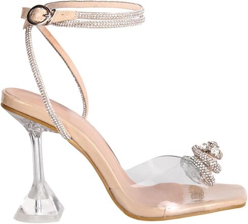 Aflngle Womens Rhinestones Bow Heels Sandals Sexy Clear Crystal Slingback Adjustable Ankle Strap Stilettos Square Open Toe Wedding Dress Pumps Shoes in Saudi Arabia