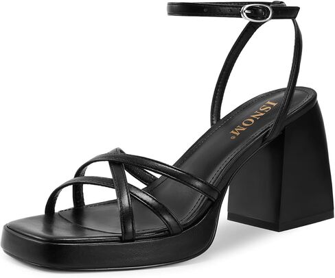 ISNOM Women Platform Heels Comfortable Strappy Heels Short Block Chunky Sandals Ankle Strap Simple Summer Heeled Sandals Square Open Toe for Wedding Work Party Dressy Prom in Saudi Arabia