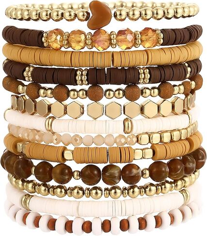 iF YOU 13pcs Heishi Clay Beaded Stretch Bracelets for Women, Boho Gold Surfer Stackable Bracelet Stacks White Brown Black Beach Jewelry in Kuwait