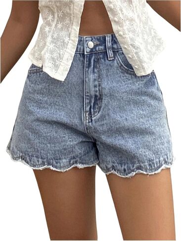 SHENHE Women's Denim Shorts High Waisted Scalloped Frayed Raw Hem Casual Jorts Jean Shorts in Saudi Arabia