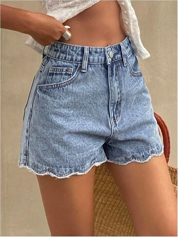 SHENHE Women's Denim Shorts High Waisted Scalloped Frayed Raw Hem Casual Jorts Jean Shorts in Saudi Arabia