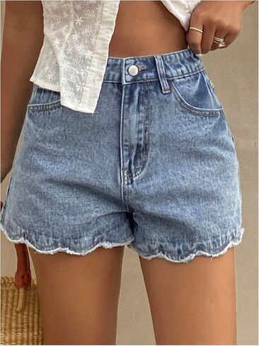 SHENHE Women's Denim Shorts High Waisted Scalloped Frayed Raw Hem Casual Jorts Jean Shorts in Saudi Arabia