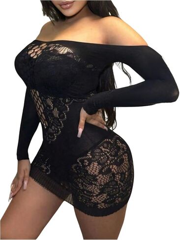فستان OYOANGLE نسائي بدون أكتاف وأكمام طويلة شبكية مفرغة فستان نوم Bodycon Fishnet ملابس داخلية in Kuwait