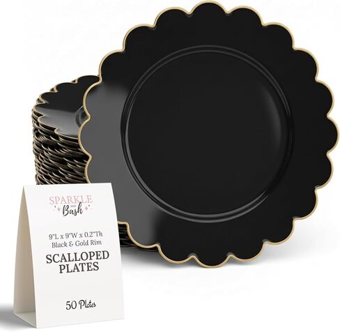 Sparkle and Bash 50 Pack Pink and Gold Plastic Plates, 9 Inch Scalloped Plates with Gold Rim for Birthday Party, Baby Shower in Kuwait