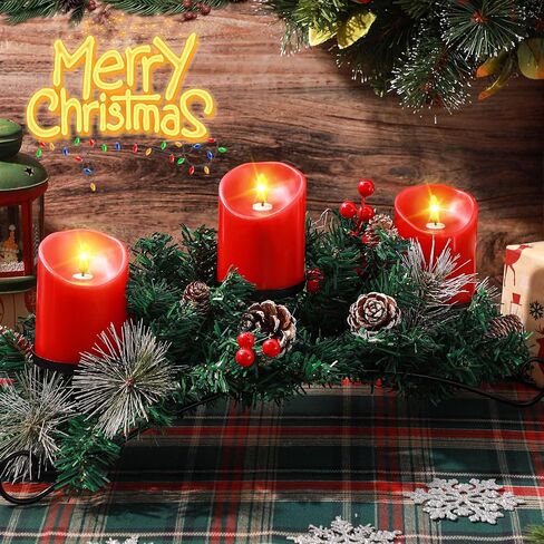 Mudder Christmas Table Centerpiece Set Include 20'' Steel Base 3 Candle Holder 3 LED Candles Flameless Remote Timer Artificial Red Berries Pine Cones Decoration (Candle Included)(Red) in Kuwait