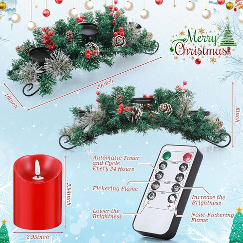 Mudder Christmas Table Centerpiece Set Include 20'' Steel Base 3 Candle Holder 3 LED Candles Flameless Remote Timer Artificial Red Berries Pine Cones Decoration (Candle Included)(Red) in Kuwait