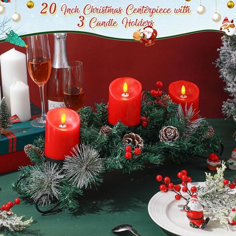 Mudder Christmas Table Centerpiece Set Include 20'' Steel Base 3 Candle Holder 3 LED Candles Flameless Remote Timer Artificial Red Berries Pine Cones Decoration (Candle Included)(Red) in Kuwait
