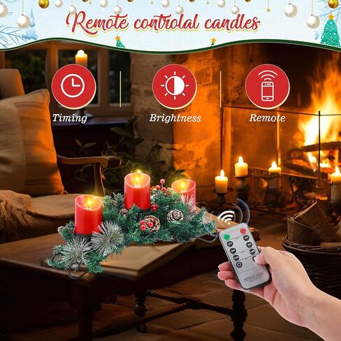 Mudder Christmas Table Centerpiece Set Include 20'' Steel Base 3 Candle Holder 3 LED Candles Flameless Remote Timer Artificial Red Berries Pine Cones Decoration (Candle Included)(Red) in Kuwait