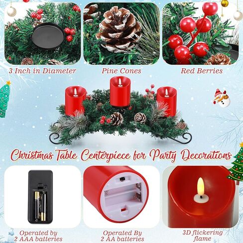 Mudder Christmas Table Centerpiece Set Include 20'' Steel Base 3 Candle Holder 3 LED Candles Flameless Remote Timer Artificial Red Berries Pine Cones Decoration (Candle Included)(Red) in Kuwait