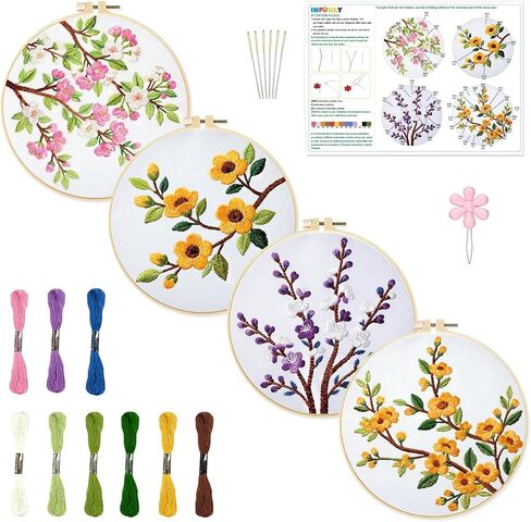 INFUNLY 5 Sets Bird and Flower Embroidery Kits for Beginner DIY Cross Stitch Starter Sets with Instructions Colorful Handmade Needlepoint Kits with Embroidery Cloth Colored Threads Hoops Tools in Kuwait