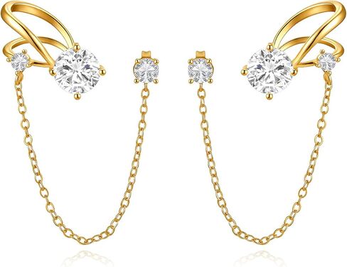Cicy Bell Womens 18k Gold Plated Ear Cuff Stud Earrings Dainty Tassel Drop Dangle Clip On Gold Chain Climber Crawler Faux Diamond Round Cubic Zirconia Earrings Jewelry Gifts Birthday Party in Saudi Arabia