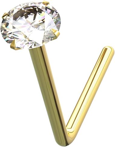 9K Solid Yellow Gold, Rose Gold, White Gold 22 Gauge (0.6mm) L Shaped Nose Stud with Claw Set 1.5mm, 2mm, 2.5mm Cz Gemstone - Nose Pin - Tiny Nose Ring - 9K Gold Nose Piercing Body Jewelry in Saudi Arabia