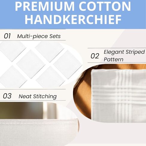 6 Pack Men's Handkerchiefs Cotton White Handkerchiefs for Men Solid Color Gents Hankies with Stripe for Wedding Party in Saudi Arabia