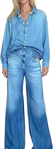 طقم بيجامة Denim Dreams، بيجامة جينز للنساء، ملابس صالة ناعمة قابلة للتمدد مع بنطال مريح واسع الساق in Kuwait