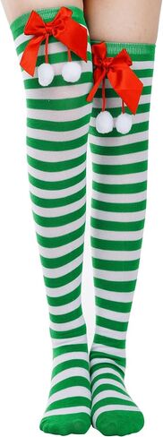 1Pairs عيد الميلاد مخطط الفخذ العليا الجوارب للنساء طويل جوارب طويلة إلى الركب مع القوس قصب الحلوى جوارب عالية مع القوس in Saudi Arabia