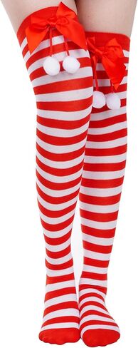 1Pairs عيد الميلاد مخطط الفخذ العليا الجوارب للنساء طويل جوارب طويلة إلى الركب مع القوس قصب الحلوى جوارب عالية مع القوس in Kuwait