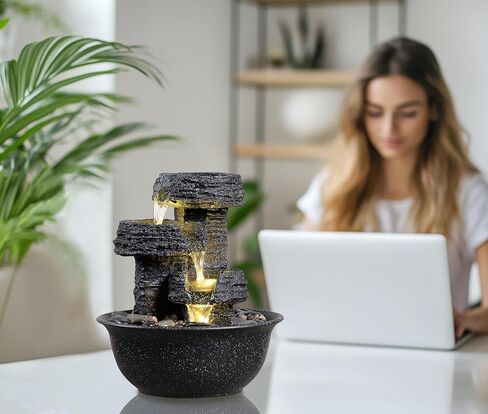 نافورة سطح الطاولة على طراز روك مع ضوء LED - ميزة شلال داخلي لديكور المنزل أو المكتب، نافورة مياه مريحة لسطح المكتب من Zen in Kuwait