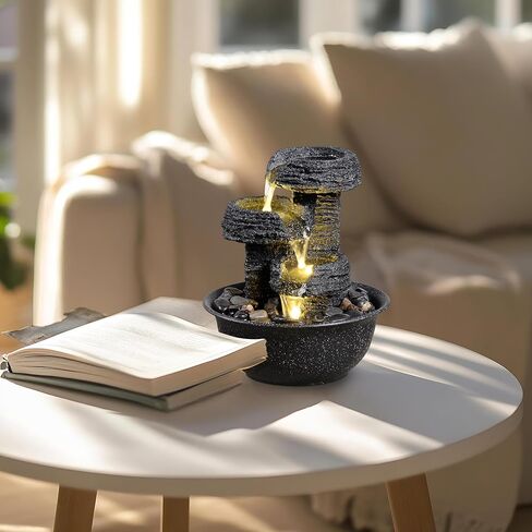 نافورة سطح الطاولة على طراز روك مع ضوء LED - ميزة شلال داخلي لديكور المنزل أو المكتب، نافورة مياه مريحة لسطح المكتب من Zen in Kuwait