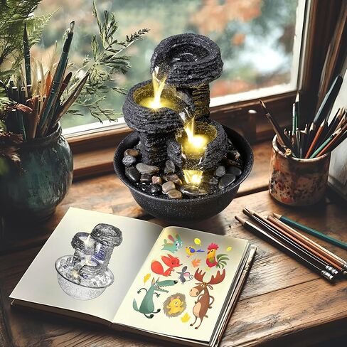 نافورة سطح الطاولة على طراز روك مع ضوء LED - ميزة شلال داخلي لديكور المنزل أو المكتب، نافورة مياه مريحة لسطح المكتب من Zen in Kuwait