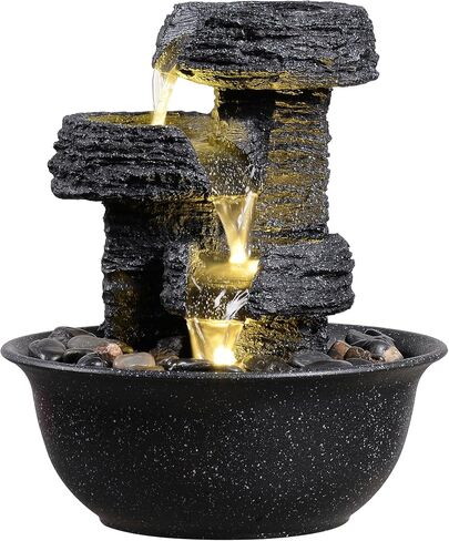 نافورة سطح الطاولة على طراز روك مع ضوء LED - ميزة شلال داخلي لديكور المنزل أو المكتب، نافورة مياه مريحة لسطح المكتب من Zen in Kuwait