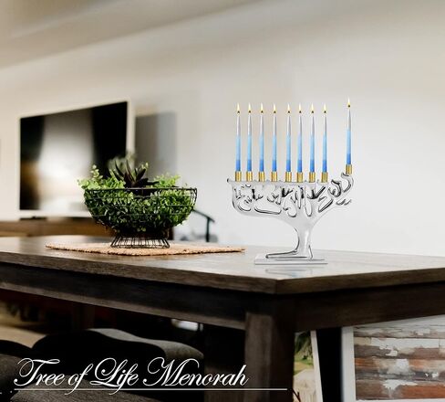 Ner Mitzvah Tree of Life Hanukkah Menorah, Fits All Standard Chanukah Candles, Modern Chrome Candle Menorahs for Chanukah - Silver with Gold Tips in Saudi Arabia