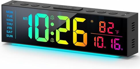 Digital Clock, Alarm Clock for Bedroom, Digital Wall Clocks for Classroom, Living Room Decor, Desk Clock Large Display, 13 Number Display Colors, 12 Ambient Light Colors, Auto Dimming, DST (Black) in Saudi Arabia