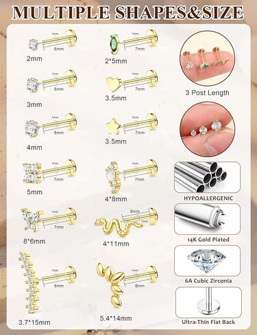 YADOCA 20G/18G/16G ترصيع الأنف بدون خيوط للنساء لا تسبب الحساسية من الفولاذ الجراحي المسطح الخلفي 14 قيراط مطلي بالذهب دفع في حلقات الأنف ترصيع تشيكوسلوفاكيا الشفاه Labret الغضروف اللولب الزنمة ثقب المجوهرات in Kuwait