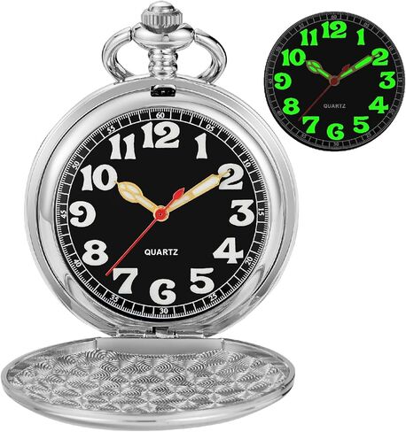 Tiong Smooth Covered Men's Pocket Watch,Luminous Arabic Numerals Black Dial Pocket Watch with Chain in Saudi Arabia