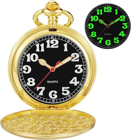 Tiong Smooth Covered Men's Pocket Watch,Luminous Arabic Numerals Black Dial Pocket Watch with Chain in Saudi Arabia