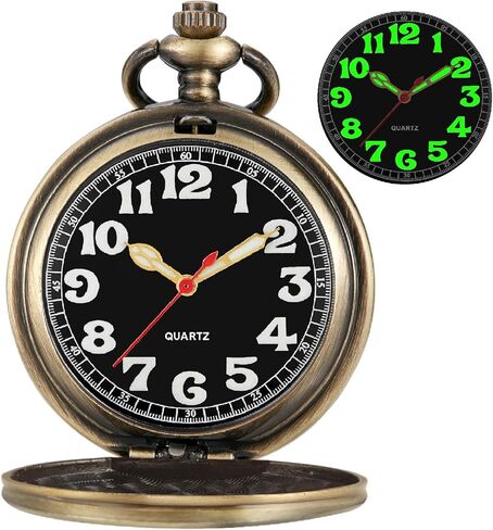 Tiong Smooth Covered Men's Pocket Watch,Luminous Arabic Numerals Black Dial Pocket Watch with Chain in Saudi Arabia