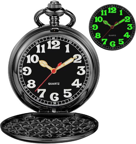 Tiong Smooth Covered Men's Pocket Watch,Luminous Arabic Numerals Black Dial Pocket Watch with Chain in Saudi Arabia