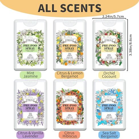 Travel Size Toilet Spray 6-Pack, Travel Essentials Toiletries, Pocket Size Pre-Poo Spray, Bathroom Odor Deodorizer, Up to 240 Uses, 6 Refreshing Scents (6-Pack, Citrus) in Saudi Arabia